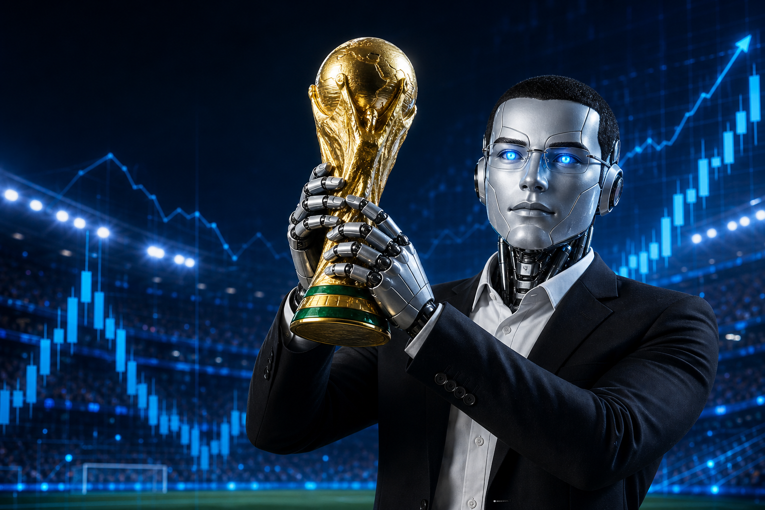 MouBot lifting a golden football trophy